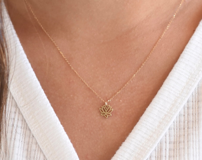 14K Gold Tiny Lotus necklace - 14K Gold Adjustable Necklace