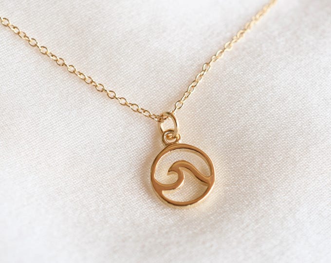 14K Solid Gold Tiny Wave Charm Necklace. Gift for a little surfer girl