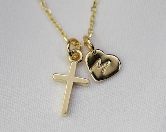 14K Solid Gold Cross and Heart Necklace: Dainty Minimalist Charm