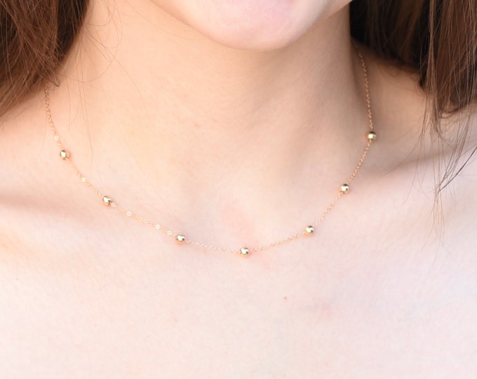 14K Gold Ball Beads Necklace. Delicate Necklace. 14K gold sliding adjustable small ball beads necklace