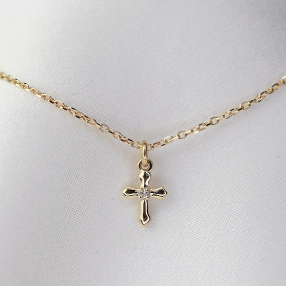 14K Gold Tiny Diamond Cross Necklace Tiny Diamond Tiny Cross