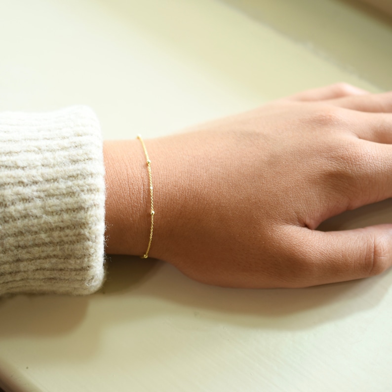 14K Gold Dainty Chain Bracelet 14K Gold Cable Chain with Beads Bracelet 14K Solid Gold Bracelet image 2