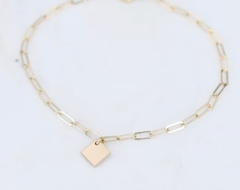 14K Gold Paper Clip Chain Bracelet - Gold Tiny Charm Bracelet