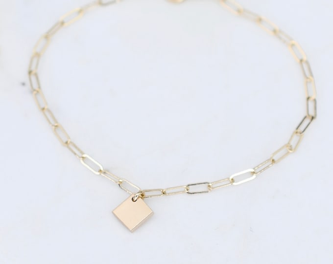 14K Gold Paper Clip Chain Bracelet - Gold Tiny Charm Bracelet