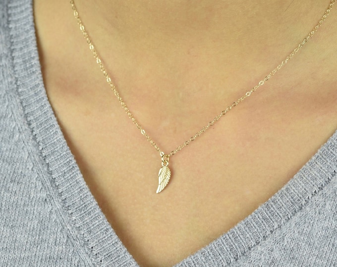 14K Gold Angel Wing necklace. 14K solid gold - First Communion gift.