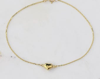 14K Gold Heart Bracelet: Minimalist Charm, Delicate Cable Chain