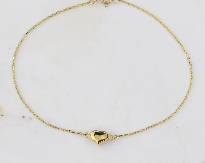 Small Gold Heart Bracelet. 14k Solid Gold Heart Bracelet. Dainty Delicate Beveled Cable Chain. Minimalist Everyday Wear Jewelry