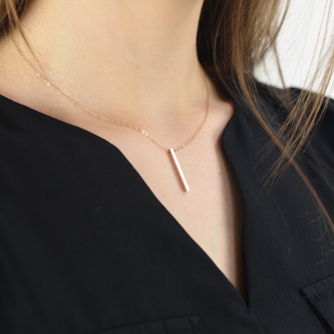 14K Gold Bar Necklace. Gold Vertical Bar Necklace. 14K Gold Necklace