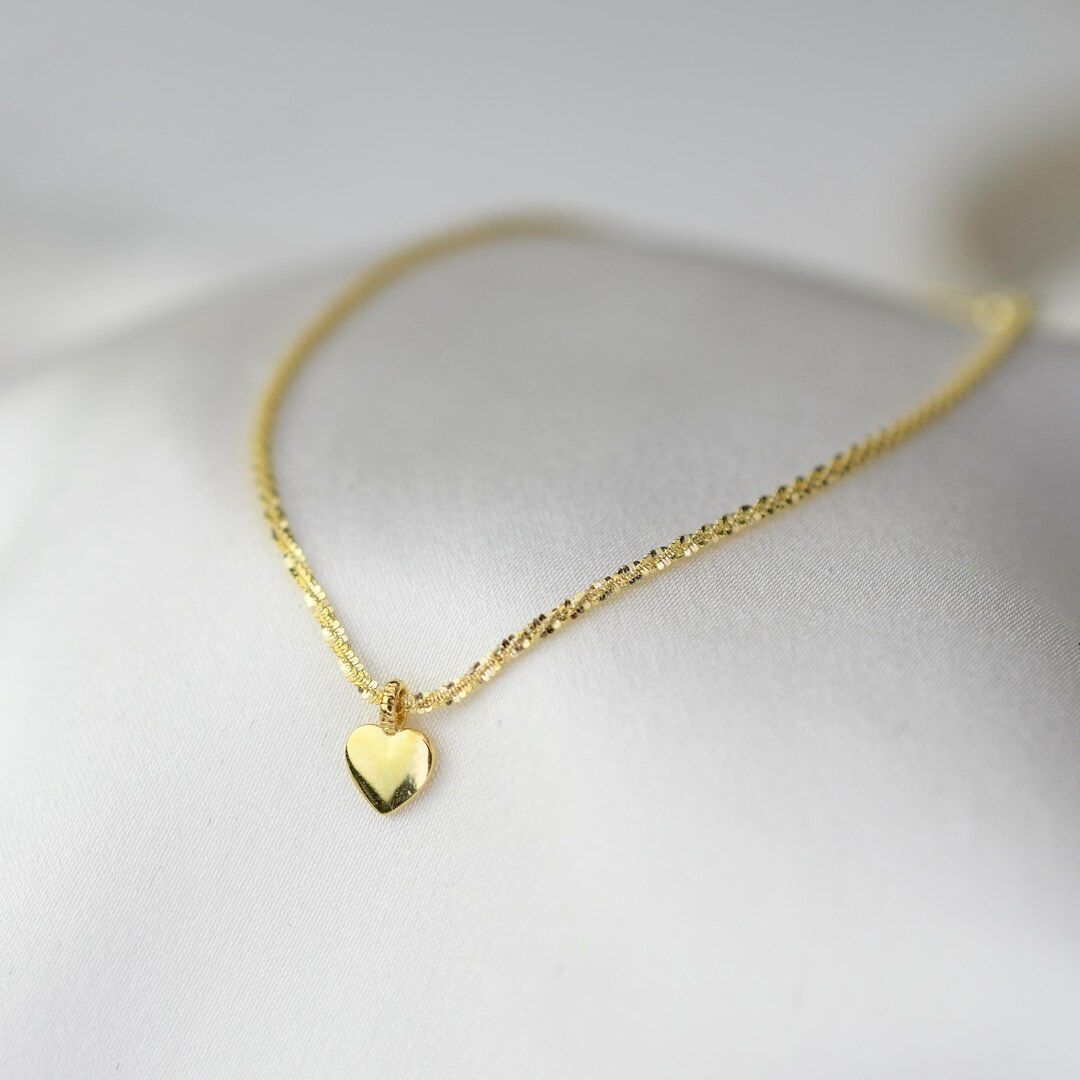 14K Gold Sparkle Chain Heart Bracelet. 14K Yellow Gold 1.2mm Sparkle