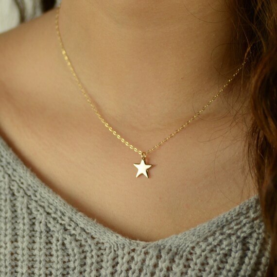 Seen On Kelly Ripa and Lea Michelle 14K Gold Sideways Star Layering Necklace or Choker 14K Yellow White Rose Gold Tiny Gold Star Necklace