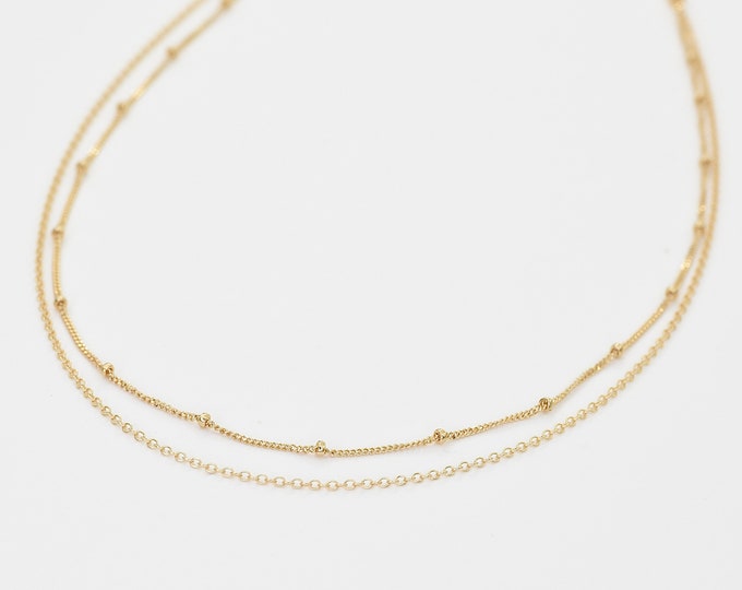 14K Gold Double Chain Necklace - 14K Gold Satellite Chain and Cable Chain