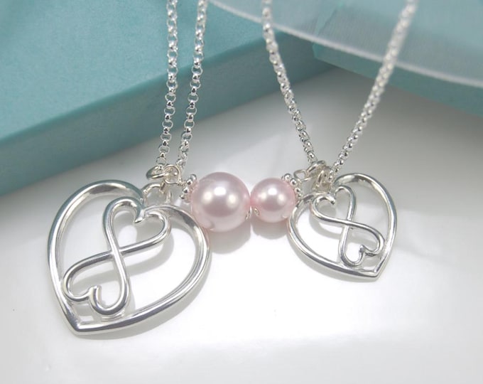 Mother Daughter heart Infinity necklace set, Heart Infinity necklaces, Silver Infinity, Pink Pearl Necklace