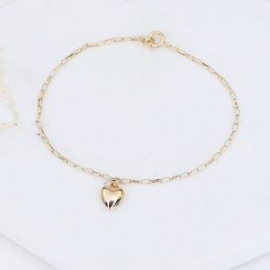 Dainty 14K Gold Heart Bracelet: Solid Gold Chain