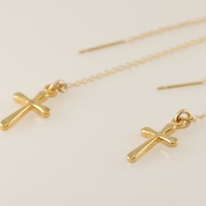 Cross earrings. Gold threader cross earrings. Gold chain earrings.