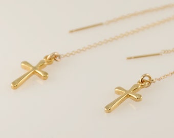 Cross earrings. Gold threader cross earrings. Gold chain earrings.