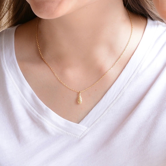 14K Gold Delicate Necklace. 14K Gold Petite Teardrop Pendant. Etsy