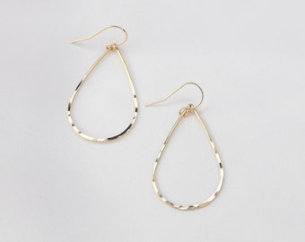 14K Yellow Gold Teardrop Hoop Earrings: Long Dangle Design
