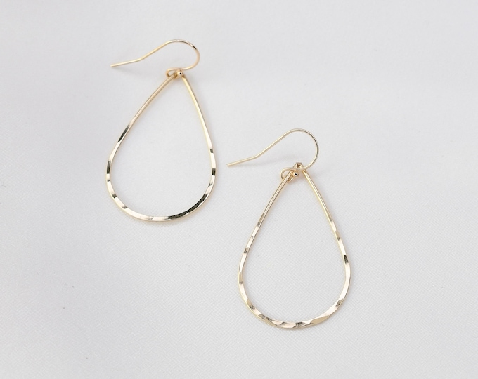 14K Teardrop Hoop Earrings - 14k gold Long Dangle Teardrop Earrings. 14K yellow gold teardrop earrings.