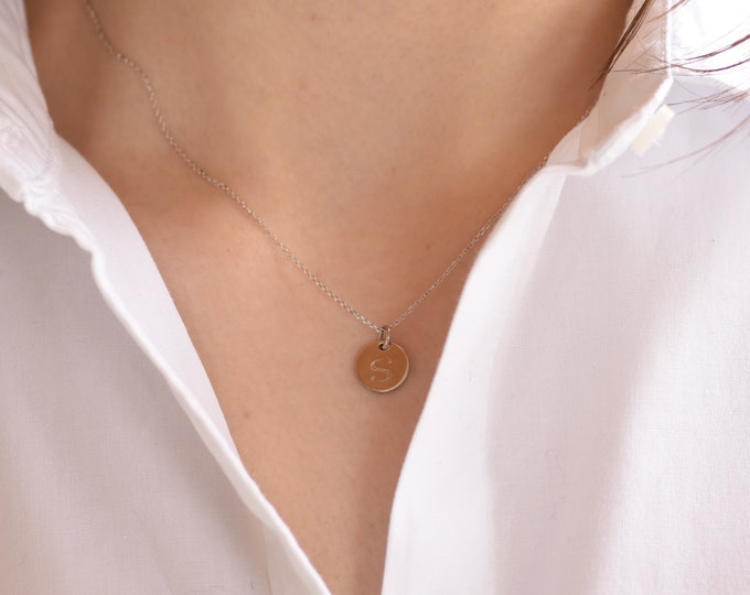 14K Gold Initial Necklace. Personalized Tiny Gold disc necklace. Yellow Gold necklace. White Gold necklace, Rose gold necklace