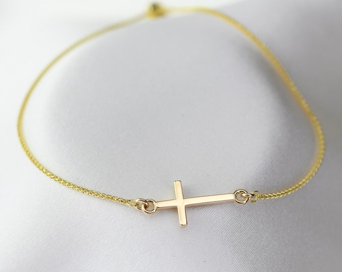 14k Gold Cross Bracelet, Adjustable Dainty Solid Gold Cross Bracelet, Delicate Yellow Gold Chain Jewelry for Women, Gift for Her