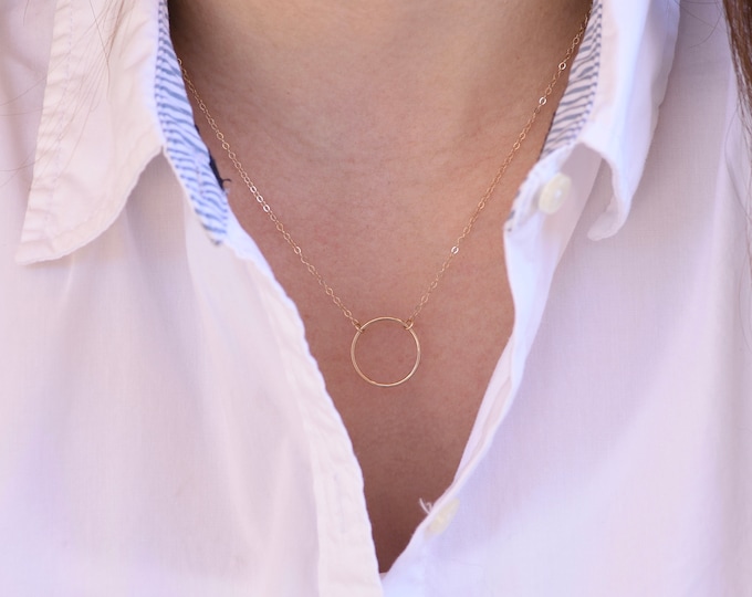 14K Gold Circle Necklace. 14K gold dainty circle necklace