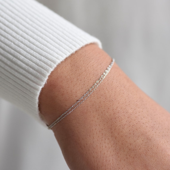14K White Gold Dainty Double Chain Bracelet 14K Solid White Gold