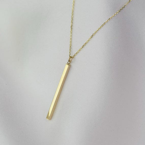 14K Gold Bar Long Necklace - 14K Gold Bar Pendant - Etsy