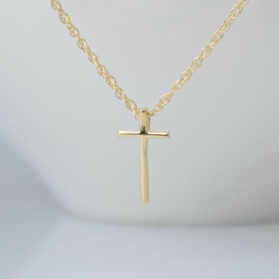 Tiny Cross Necklace Minimalist Adjustable Cable Chain Necklace 14K Solid Gold Petite Beaded Cross Necklace