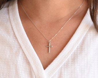 14K White Gold Cross Necklace - 14K White Gold Adjustable Necklace.