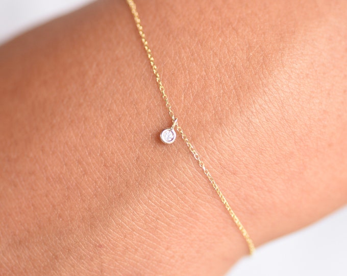 14K Gold Dainty Chain Tiny Diamond Bracelet - Ultra Delicate 14K Solid Gold Bracelet - Tiny diamond charm