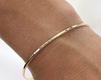 14K Solid Gold Hammered Bar Bracelet - Minimalist Gold Jewelry - Dainty Stacking Bangle