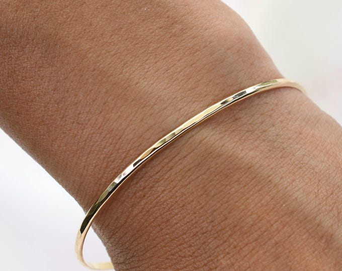 14K Solid Gold Hammered Bar Bracelet - Minimalist Gold Jewelry - Dainty Stacking Bangle