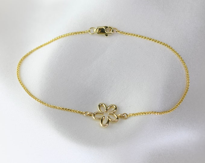 14K Gold Flower Bracelet - 14K Gold Sparkly Wheat Chain Bracelet