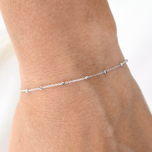 14K White Gold Delicate Bracelet - 14K White Gold Cable Chain with Beads Bracelet - 14K Solid White Gold Bracelet