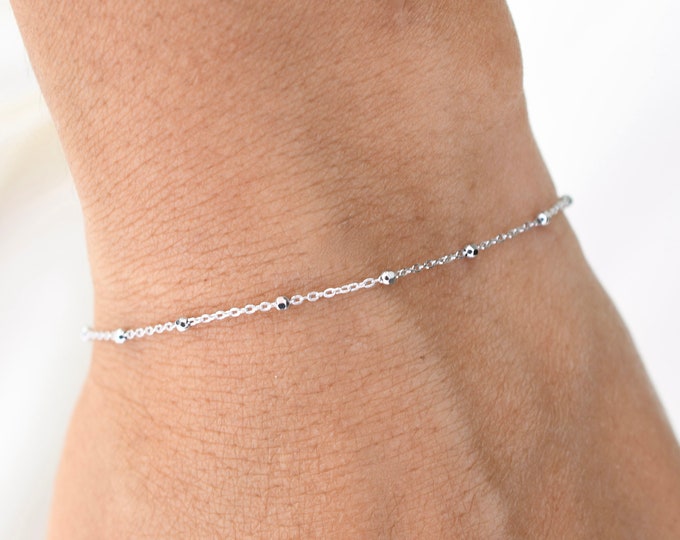 14K White Gold Delicate Bracelet - 14K White Gold Cable Chain with Beads Bracelet - 14K Solid White Gold Bracelet