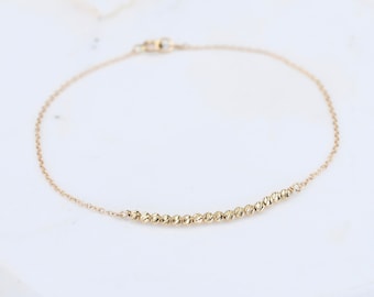 14K Gold Dainty Beads Bracelet - 14K Gold Cable Chain with Beads Bracelet - 14K Solid Gold Bracelet
