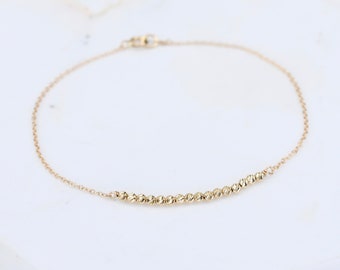 14K Gold Dainty Beads Bracelet - 14K Gold Cable Chain with Beads Bracelet - 14K Solid Gold Bracelet