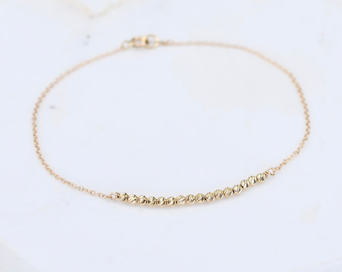 14K Gold Dainty Beads Bracelet - 14K Gold Cable Chain with Beads Bracelet - 14K Solid Gold Bracelet