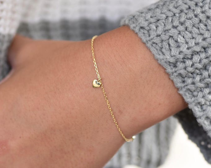 14K Gold Tiny Heart Bracelet. 14K gold beveled cable chain bracelet