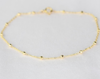 14K Gold Delicate Bracelet - 14K Gold Cable Chain with Beads Bracelet - 14K Solid Gold Bracelet