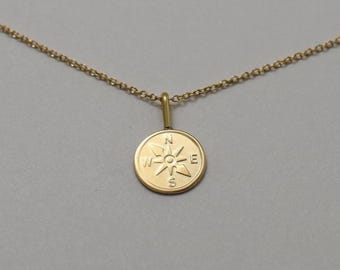 14K Solid Gold Tiny Compass Necklace, Dainty Compass Charm, Minimalist Gold Necklace, Travel Jewelry, Adventure Gift, Layering Necklace