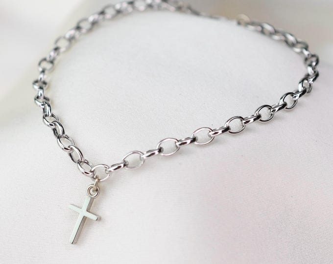 14K White Gold Cross Bracelet. 14K White Gold Rolo Chain Bracelet
