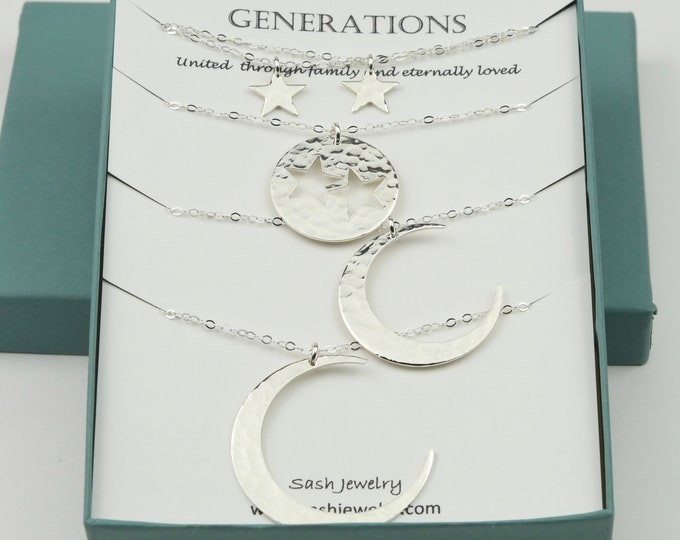 4 Generations necklace set. Great-grandmother Grandmother Mother Two Granddaughter necklaces. Moon and stars necklace set