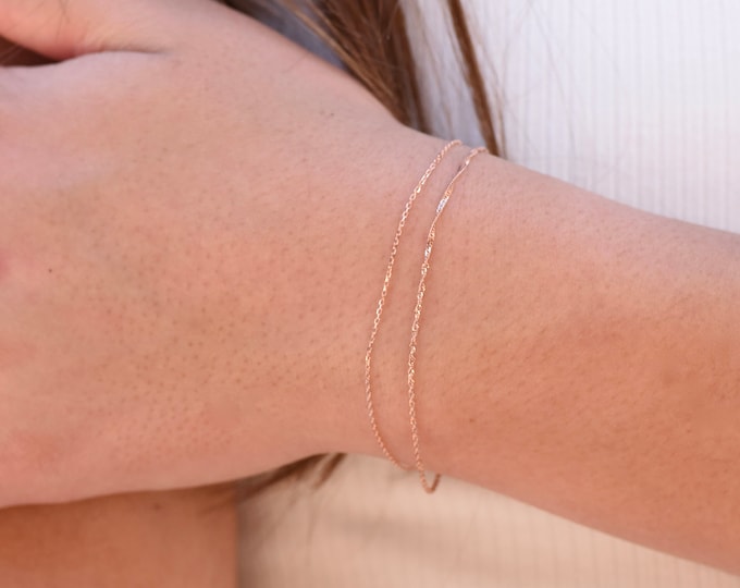 14K Rose Gold Dainty Double Chain Bracelet - 14K Solid Rose Gold Bracelet