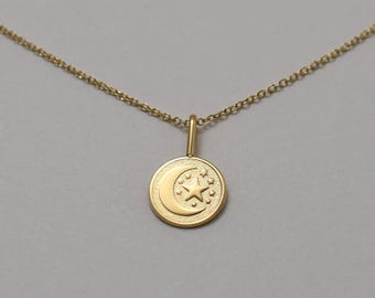 14K Solid Gold Moon and Star Necklace, Dainty Celestial Charm, Minimalist Gold Necklace, Star Moon Jewelry, Layering Necklace Gift