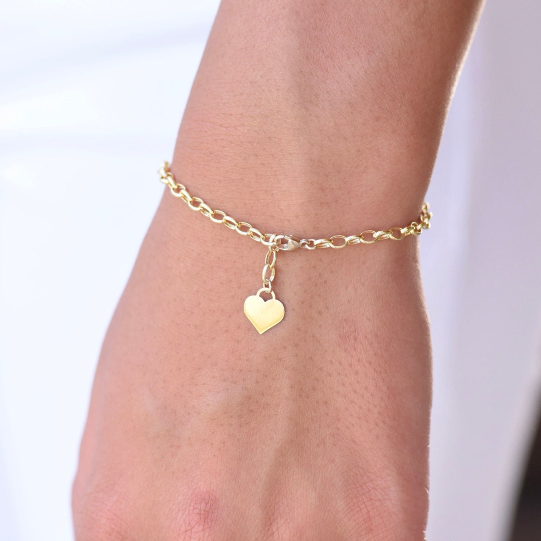 14K Gold Heart Bracelet. 14K Gold Rolo Chain Bracelet - Etsy