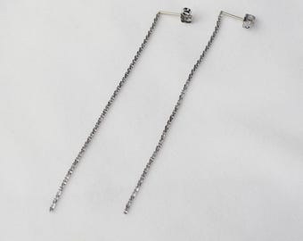 14K White Gold Sparkle Chain Earrings: Minimalist Long Dangles