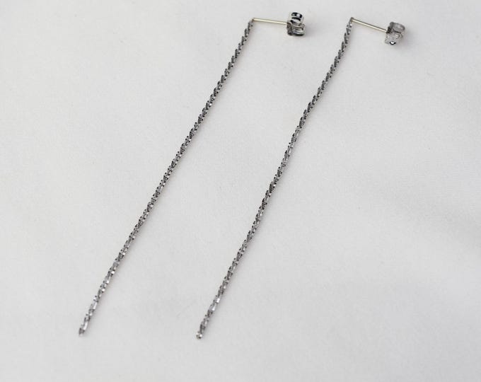 14K White Gold Long Chain Earrings. 14K White Gold Sparkle Chain Earrings. 14K Solid White Gold Minimalist Earrings