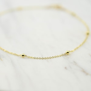 14K Gold Dainty Chain Anklet – Solid Gold Cable Chain Anklet with Tiny Beads, Minimalist Anklet Bracelet for Women