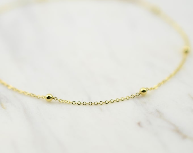 14K Gold Dainty Chain Anklet - 14K Gold Cable Chain with Round Beads Anklet - 14K Solid Gold Anklet